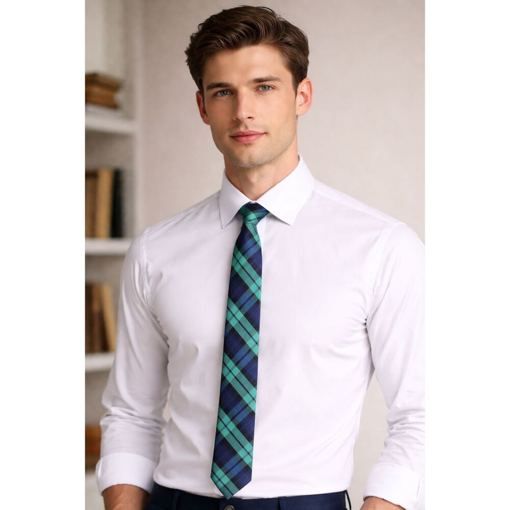 Lauren Ralph Lauren Classic Tartan Plaid Silk Tie Green Blue Preppy 2.5" Skinny